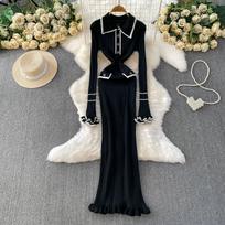 Autumn Winter Women Casual Turn-down Collar Flare Sleeve Knitted Sweater Long Maxi Slim Bodycon Pullover Dresses One Size juoda
