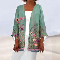 Women's Lightweight Floral Kimono Cardigan Open Front Casual Loose Cover Up for Summer and Spring S žalsvai mėlyna