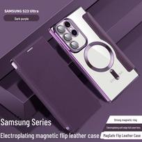 Samsung S24Ultra Flip Leather Magnetic Case with Lens Film & Card Protection Samsung S24 FE violetinė
