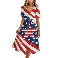 Summer Dresses for Women 2026 Short Sleeve V Neck Waist Defined Casual Holiday Flag Inspired Maxi Dress XXL tamsiai mėlyna