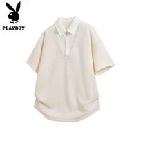 PLAYBOY Men's Summer Faux Two-Piece Waffle V-Neck Polo Shirt M abrikosas