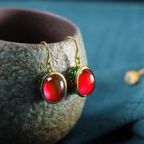 Classic Vintage Design Ruby Earrings For Women Light Luxury Ethnic Style Round Earrings Wedding  Jewellery Accessories