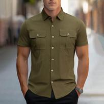Men Short Sleeve Button Down Shirt Classic Fit Collared Top with Dual Chest Pockets Casual Business Style M