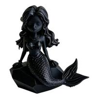 3D Printed Mermaid Action Figure, Dark Gothic Style Figurine with Matte Black Finish, Movable Joints & Wide Rock Base, Decor for Desk Bathroom juoda