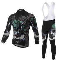 Riding Bicycle Cycling Clothing Set Bib Pants Skull Soldier Print Long Sleeve Sport Jerseys S