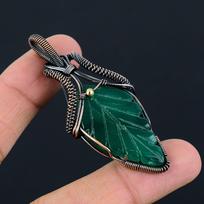 Carved Leaf Green Onyx Gemstone Pure Copper Wire Wrapped Handmade Pendant Jewelry 2.60 Inches žalia