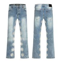 BeatStreet Embroidered Floral Flare Jeans Men Vintage Washed Distressed Bootcut Denim Pants Hip Hop Y2K Streetwear Slim Trousers 30