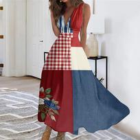 Sleeveless V Neck Maxi Dress with Floral Print and Star Stripe Pattern Casual Loose Fit Long Dress for Women S