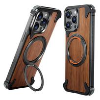 Oatsbasf Solid Wood Magnetic Phone Case for iPhone 16 Pro/16 Pro Max w/ 360°Rotate Kickstand Wireless Charging Protective Cover For iPhone 16 Pro Max&Wood juoda