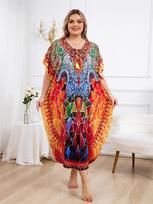 EDOLYNSA 2024 Marokiečių Kaftanas Bohemiškos Spaudos Vasarinė Suknelė Ilga Tunika Moterims Dydis Plius Paplūdimio Apranga Maudymosi Kostiumo Dangalas Robe de plage One Size oranžinė