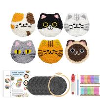 DIY Punch Needle Cat Coasters Kit DIY 6pcs Animal Pattern Punch Needle Embroidery Set Coaster Handmade Art Unique Gift