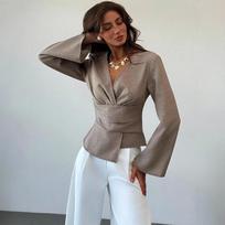 Women's Spring/Fall Elegant Pleating Waist Asymmetric Hem Flare Sleeve V-Neck Pullover Blouse Commuting Back Zip Slim Fit Tops S ruda