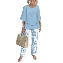 Yousheng Summer 2 Piece Outfit for Women Half Sleeve Crew Neck Top And Long Pants Travel Vacation Lounge M mėlyna
