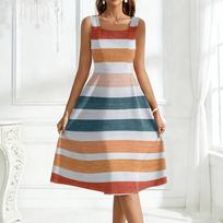 Sleeveless Square Neck A Line Midi Dress with Horizontal Striped Pattern for Women Casual Daily Wear XL raudona