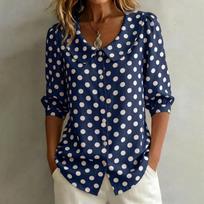 Womens Casual Loose Fit Polka Dot V Neck Blouse with Long Sleeves Button Down Design and Collar for Everyday Wear L