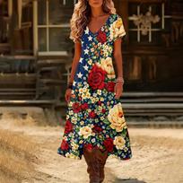 Women’s Short Sleeve V Neck Maxi Dress with Floral Print and Flag Pattern Casual Loose Fit Summer Dress XXL