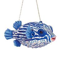 Ocean Theme Striped Puffer Fish Wall Decor Nautical Wooden Hanging Sign with Hemp Rope Decorative Beach Pendant for Beach House mėlyna