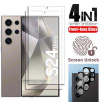 4in1 [Pirštų atspaudų ID atrakinimas] 2vnt ekrano apsauga grūdintas stiklas 2vnt objektyvo stiklas, skirtas Samsung Galaxy S24 / S24+ / S24 Ultra / S23 S23+ S22 5G S21 Plus Samsung Galaxy S24 Ultra gryna