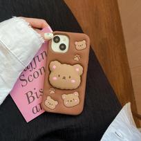 Kawaii Bear Cover With Stand Holder Soft Silicone Case for iPhone 16 15 14 Plus 13 12 11 Pro Max For iPhone 15 Pro&Case & Holder ruda