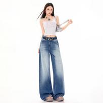 Spring Summer Vintage Sandblast Washed Relaxed Micro Flare Elegant Casual Full Length Denim Pants Female Casual Pants Oversize Denim Trousers XS