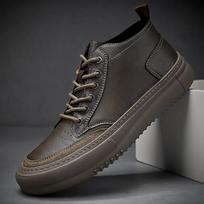Mens High Top Upper Leather Ankle Support Comfortable Non Slip Casual Daily Walking Shoes for Autumn Winter Outdoor Activity 39 chaki