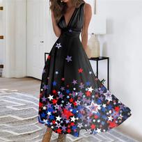 Sleeveless V Neck Maxi Dress with Independence Day Print and Pattern for Women Holiday Wear M