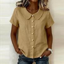 Women Loose Fit Short Sleeve Button Down Shirt Casual Linen Cotton Top with Collar Summer Blouse for Daily Wear XXXL chaki
