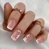 24Pcs French Tip Square Press on Nail with Floral Designs Full Cover Stick on Nail Fashion Nail Art for Spring 1