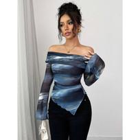 Women's Off Shoulder Flare Long Sleeve Slim Fit Streetwear Geometric Mesh Print Top Tee S
