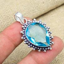 Blue Topaz Gemstone Handmade 925 Sterling Silver Jewelry Magnificent Pendant For Wedding Gift 1.65 Inches mėlyna