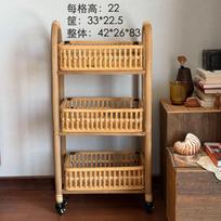 Mid-Century Rattan Rolling Cart, Country Mobile Storage Shelf, Floor Standing Trolley Wheels for Kitchen Living Room Home