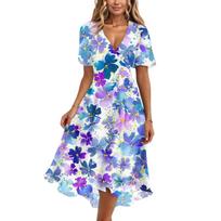Women’s V Neck Short Sleeve Floral Print Midi Dress Lightweight Flowing Summer Casual Dress for Daily Wear S