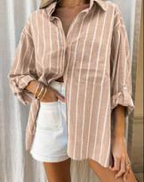 Large Striped Polo Collar Shirt with Pocket and Roll-up Sleeves - 2026 Spring/Summer Collection XXL chaki