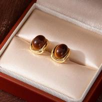 Hong Kong Style Retro Maillard Tiger'S Eye Stone Stud Earrings Femininity Earrings Light Luxury High Sense Fashion Versatile Earrings