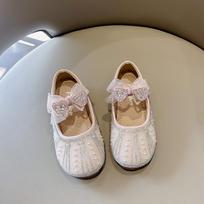 Girls' Crystal Princess Shoes2026Spring and summer new children's pearl and rhinestone bow performance shallow leather shoes 23Inner Length14.5cm rožinė