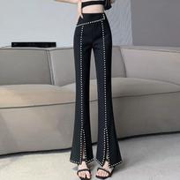 Korean Fashion Women Black Flare Pants Spring Autumn New Slim High Waist Streetwear Casual Split All-match Y2K Diamond Trousers S juoda