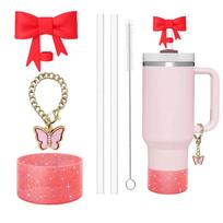6PCS Accessories Set for Stanley Cup 30oz/40oz Including Glitter Silicone Boot Diamond Butterfly Charm Chain Bow Silicone Straw raudona