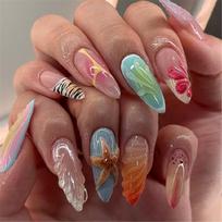 24Pcs French Almond Press on Nail with 3D Starfish Designs Acrylic Artificial Nail For Everyday Wear And Parties 1