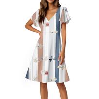 Women V Neck Floral Print Dress Short Flare Sleeves Casual Knee Length Dress Lightweight Comfortable Summer Dress M mėlyna