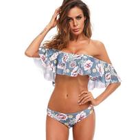 Sexy Off-the-shoulder Bikini With Ruffled Edges And Floral Accents High Quality Polyester Material L(Tag L=US S)
