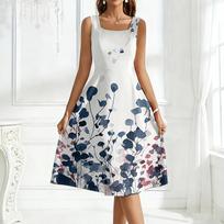 Sleeveless Square Neck Midi Dress with Leaf Pattern Print A Line Fit Lightweight Fabric for Women Casual Wear M mėlyna