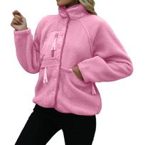 Women Stand Collar Fleece Jacket Button Down Casual Outerwear Long Sleeve Lightweight Sporty Top with Pocket XL rožinė