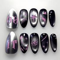24PCS Gothic Dark Black Almond Press on Nails with Glue 3D Flowers Metallic Star Fake Nails Silver Heart Punk French False Nails