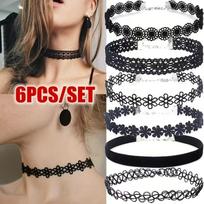 6Pcs/Set Black Lace Chokers Necklace Set Vintage Gothic Punk Elastic Necklace Women'S Jewelry Adult/Child Size Adult Size