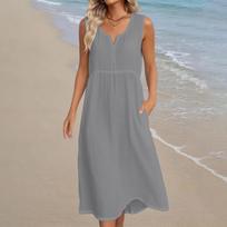 Sleeveless Midi Dress for Women Casual Loose Fit Summer Lightweight Soft Fabric V Neck Pullover Style with Pockets XL