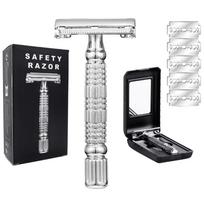 Double Edge Safety Razor Old-fashioned Metal Shaver Beard Barber Wet Shaving Twist Open for Men Women With 5 Blades and Mirror