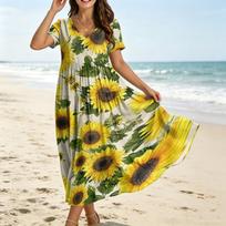 Summer Dresses for Women Uk Floral Print Maxi Dress Short Sleeve Ladies Summer Dresses Uk Casual Womens Summer Dresses Uk L oranžinė