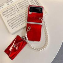 Samsung Z Flip 4 3 dėklas, spalvingas lazerinis blizgučių perlas, apyrankė, kortelių laikiklio krepšys, odinis sulankstomas smūgiams atsparus dangtelis, priedai For Samsung Z Flip 4 raudona