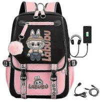 Labubu USB Charging Backpack - Fun Cartoon Schoolbag for Kids & Adults Black White B