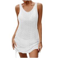 Women Crochet Knit Dress Sleeveless Round Neck Backless Casual Dress with Adjustable Drawstring Sides for Summer Beachwear XL